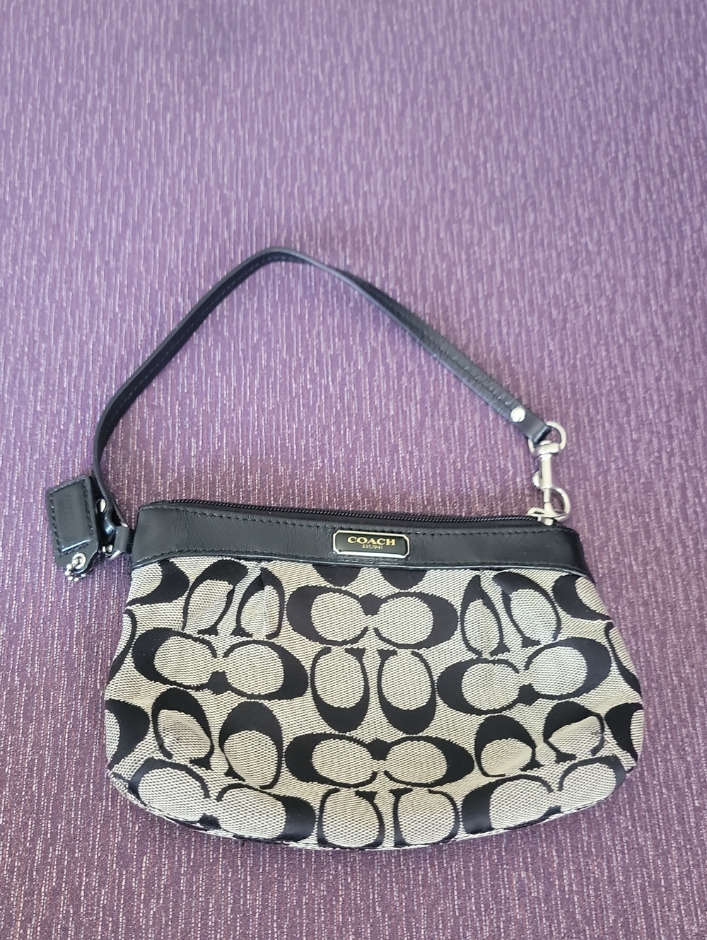 Coach Black & Gray Signature Canvas Wristlet with Leather Trim